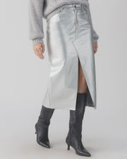 Metallic Leather Midi Skirt - Silver