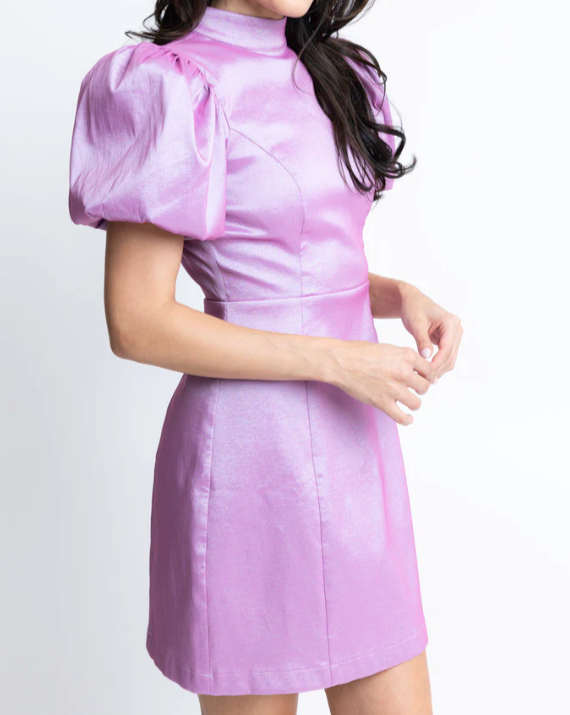Solid Taffeta Puff Sleeve Open Back Mock Dress "Lavender"