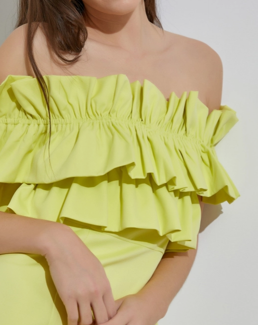 Off Shoulder Ruffle Dress "Soft Lime"