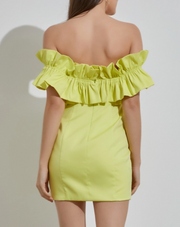 Off Shoulder Ruffle Dress "Soft Lime"