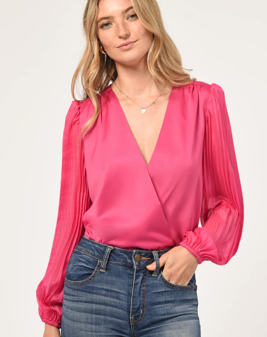 Andaz Pleated Sleeve Surplice Top "Hot Pink"