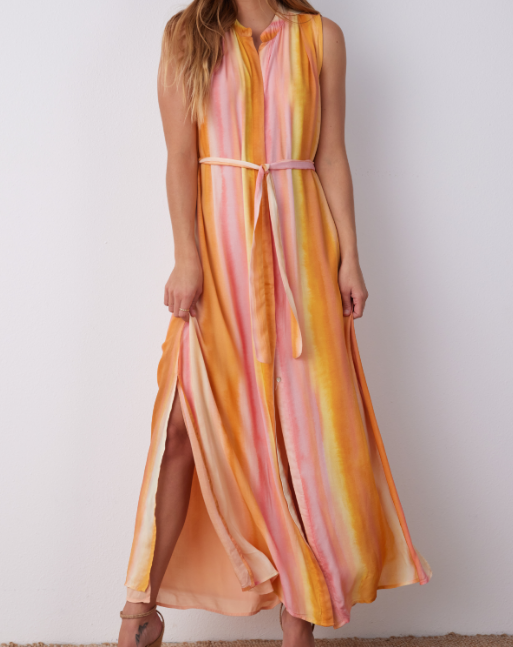 Sleeveless Pleat Front Maxi Dress "Sunset Stripes"