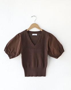 Paulina Knit Poplin Puff Sleeve Top "Espresso"