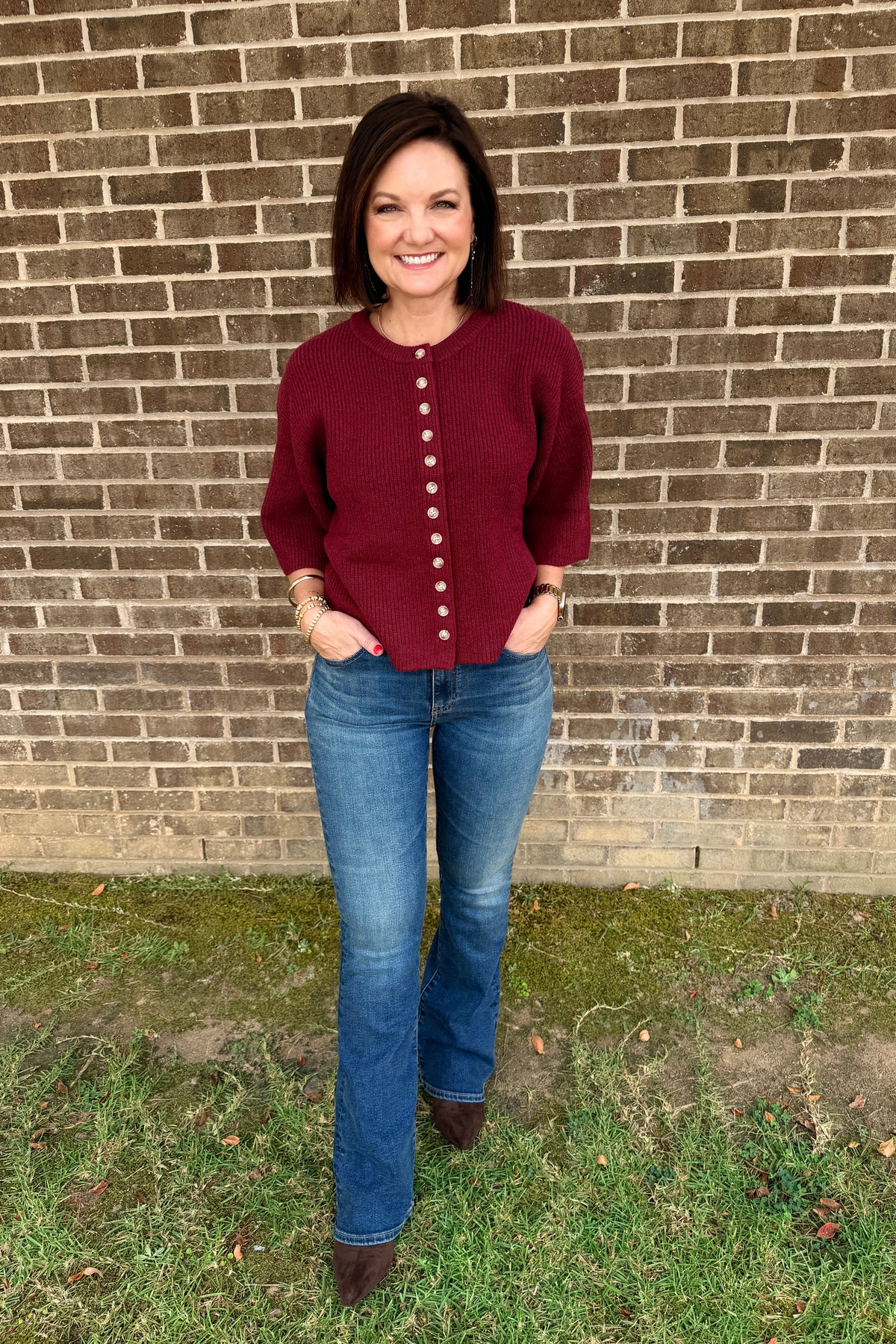 Short Sleeve Knit Cardigan - Burgundy