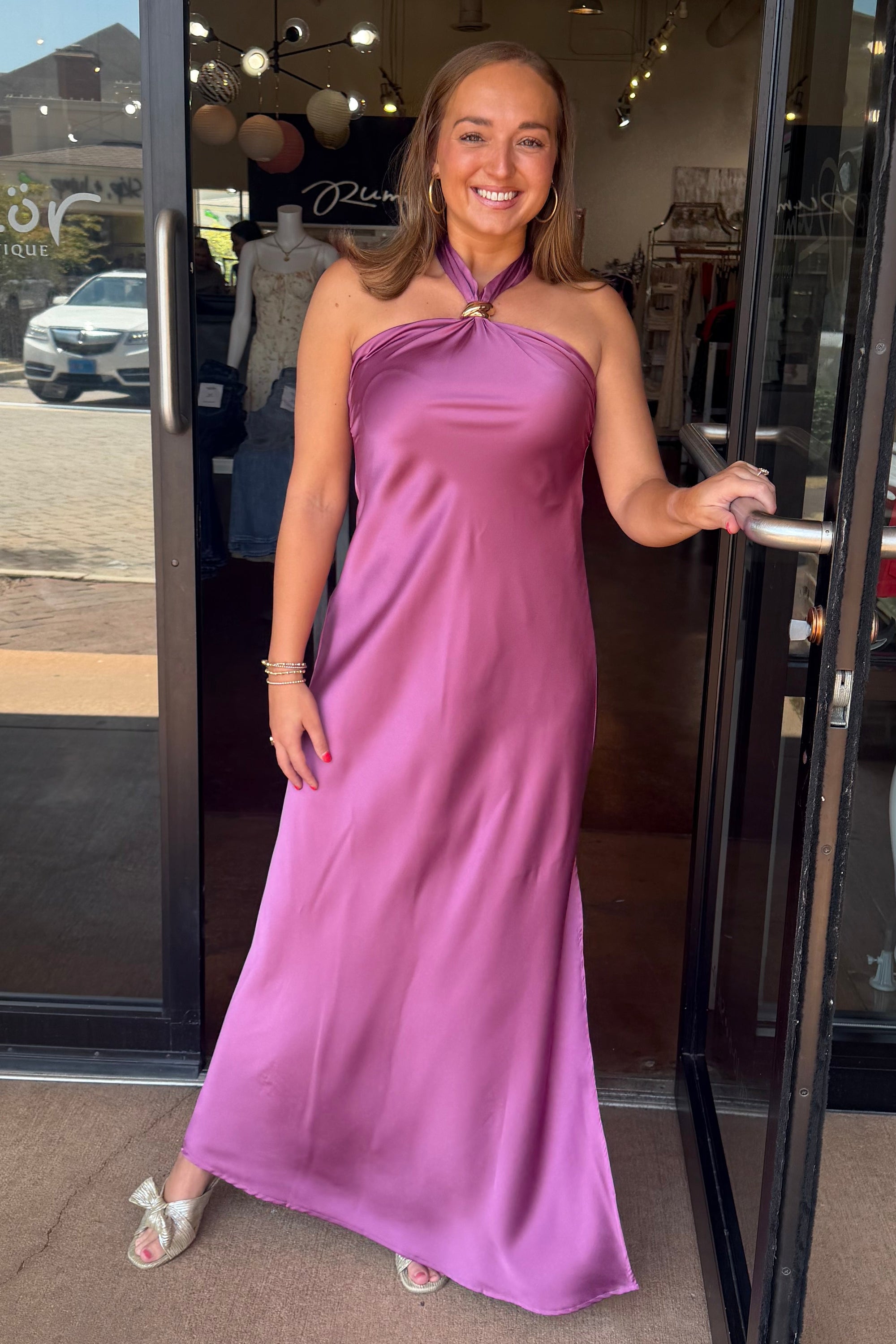 Solid Satin Halter Maxi Dress - Purple