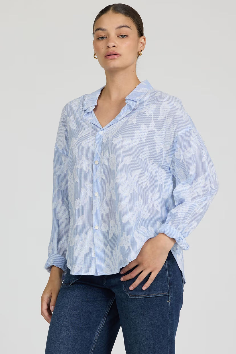 Adrianna Floral Burnout Button Down Top - Light Blue