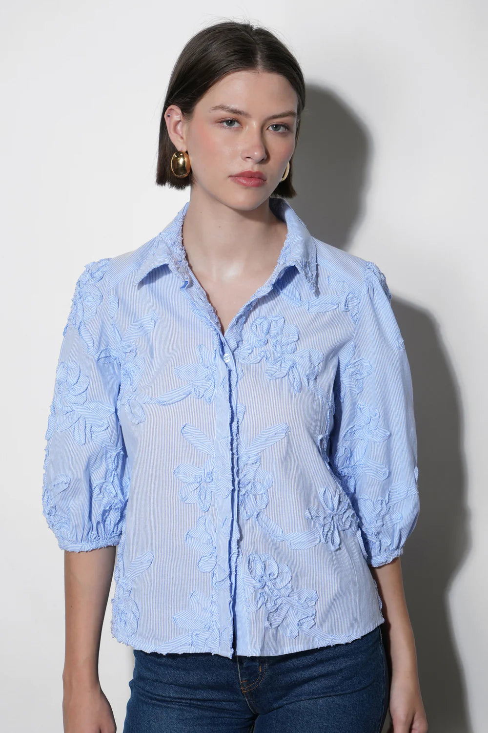 Eleanor Stripe Puff Sleeve Blouse - Light Blue