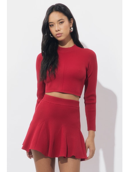 Eleanor Rib Knit Mini Skirt - Red