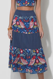 Rina Tiered Embroidered Midi Skirt - Blue Multi