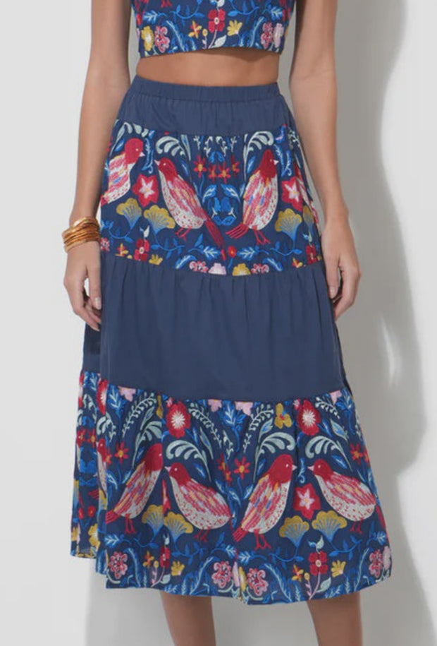 Rina Tiered Embroidered Midi Skirt - Blue Multi