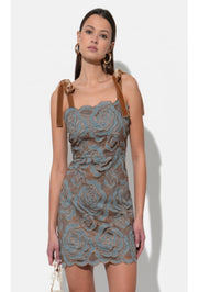 Donna Velvet Tie Strap Lace Mini Dress - Vintage Aqua