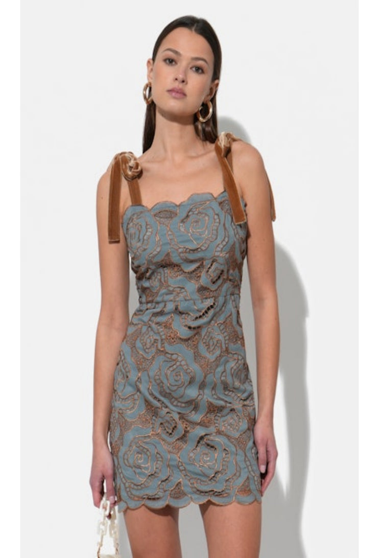 Donna Velvet Tie Strap Lace Mini Dress - Vintage Aqua