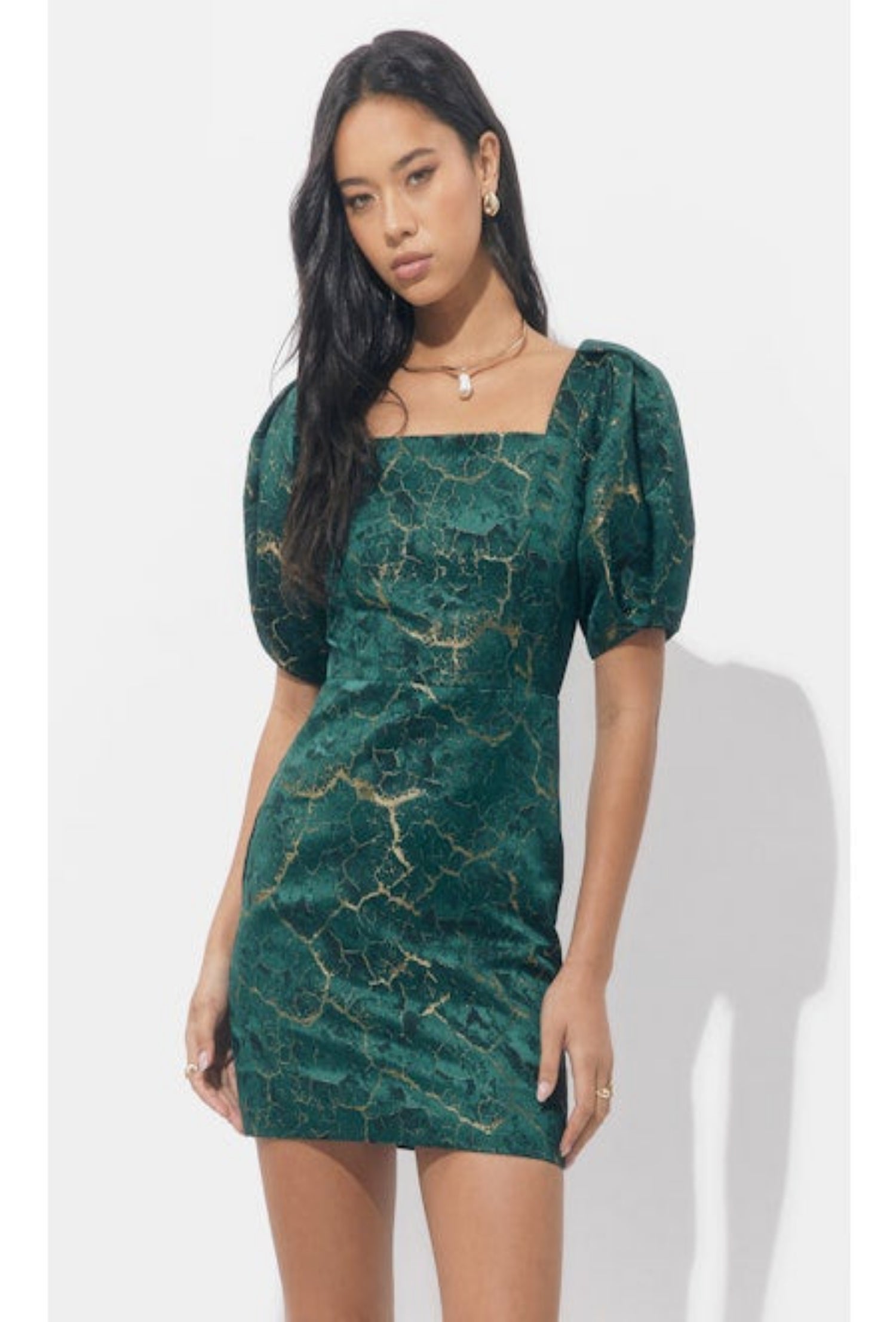 Zea Burnout Puff Sleeve Mini Dress - Emerald/Gold