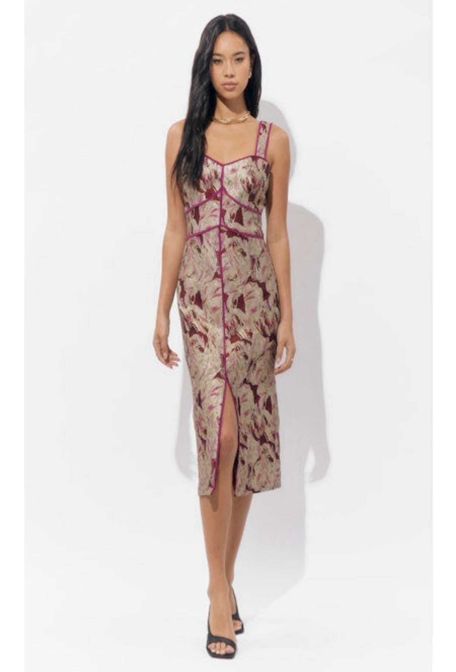 Ella Jacquard Midi Dress - Burgundy/Gold