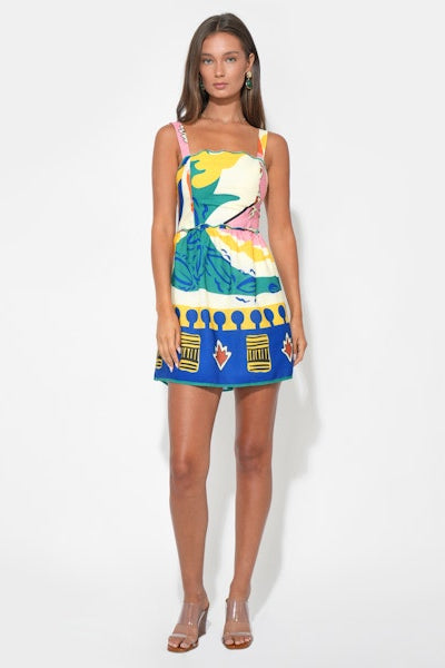 Reese Abstract Printed Mini Dress - Multi Yellow/Blue