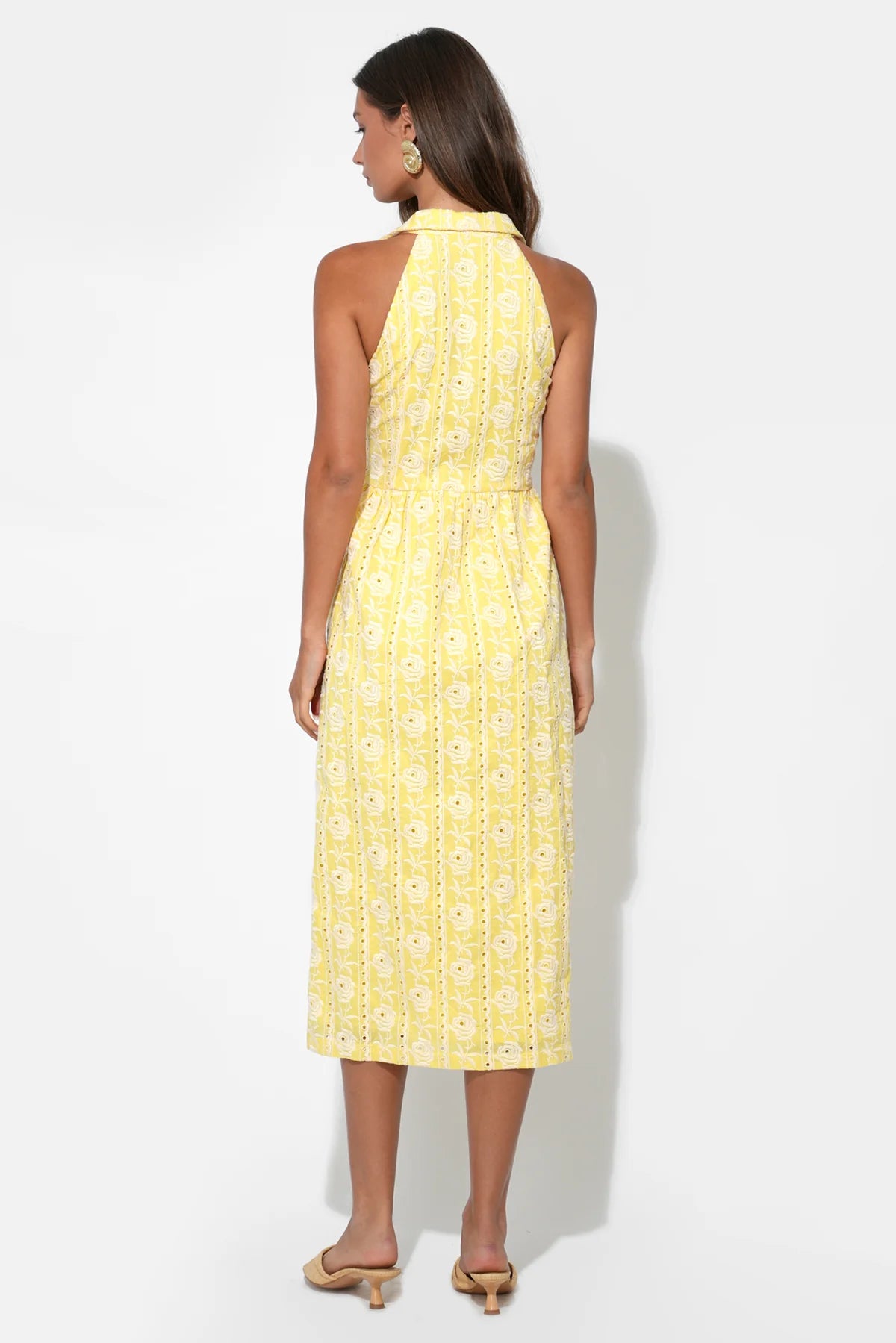 Hazel Embroidered Button Down Midi Dress - Light Yellow