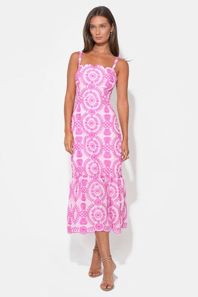 Raelynn Lace Up Tie Back Embroidery Dress - Lilac / Magenta