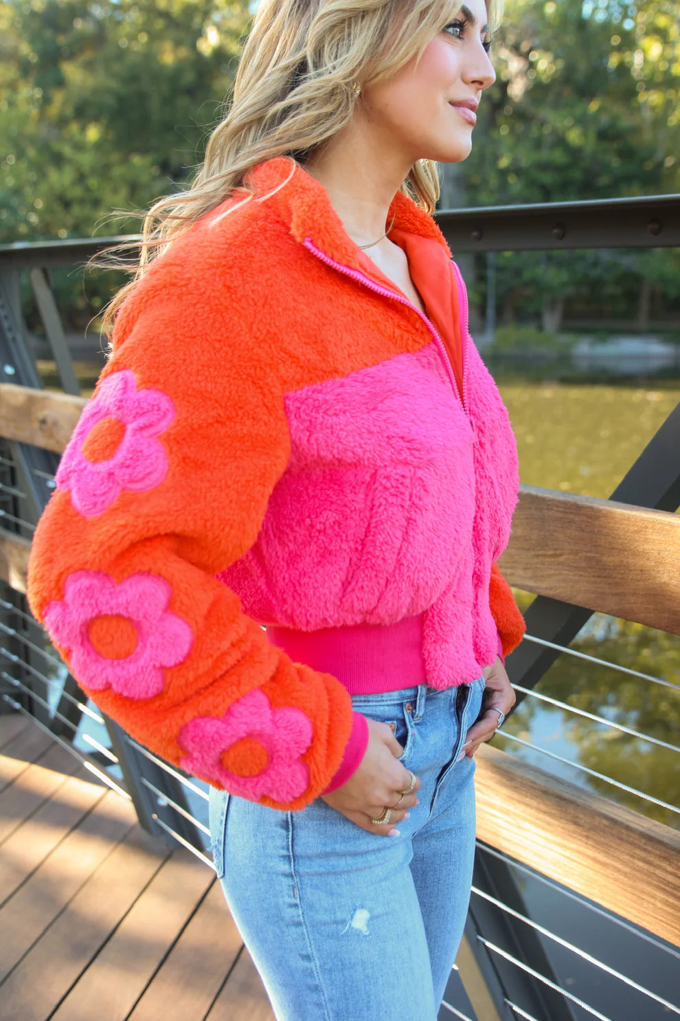 Retro Floral Fleece Jacket - Orange / Pink