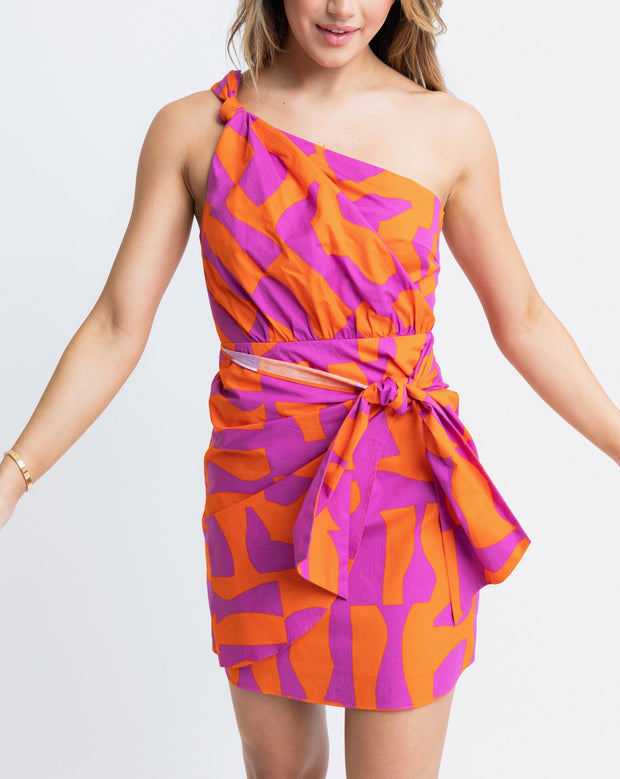 Geometric Poplin One Shoulder Dress - Orange