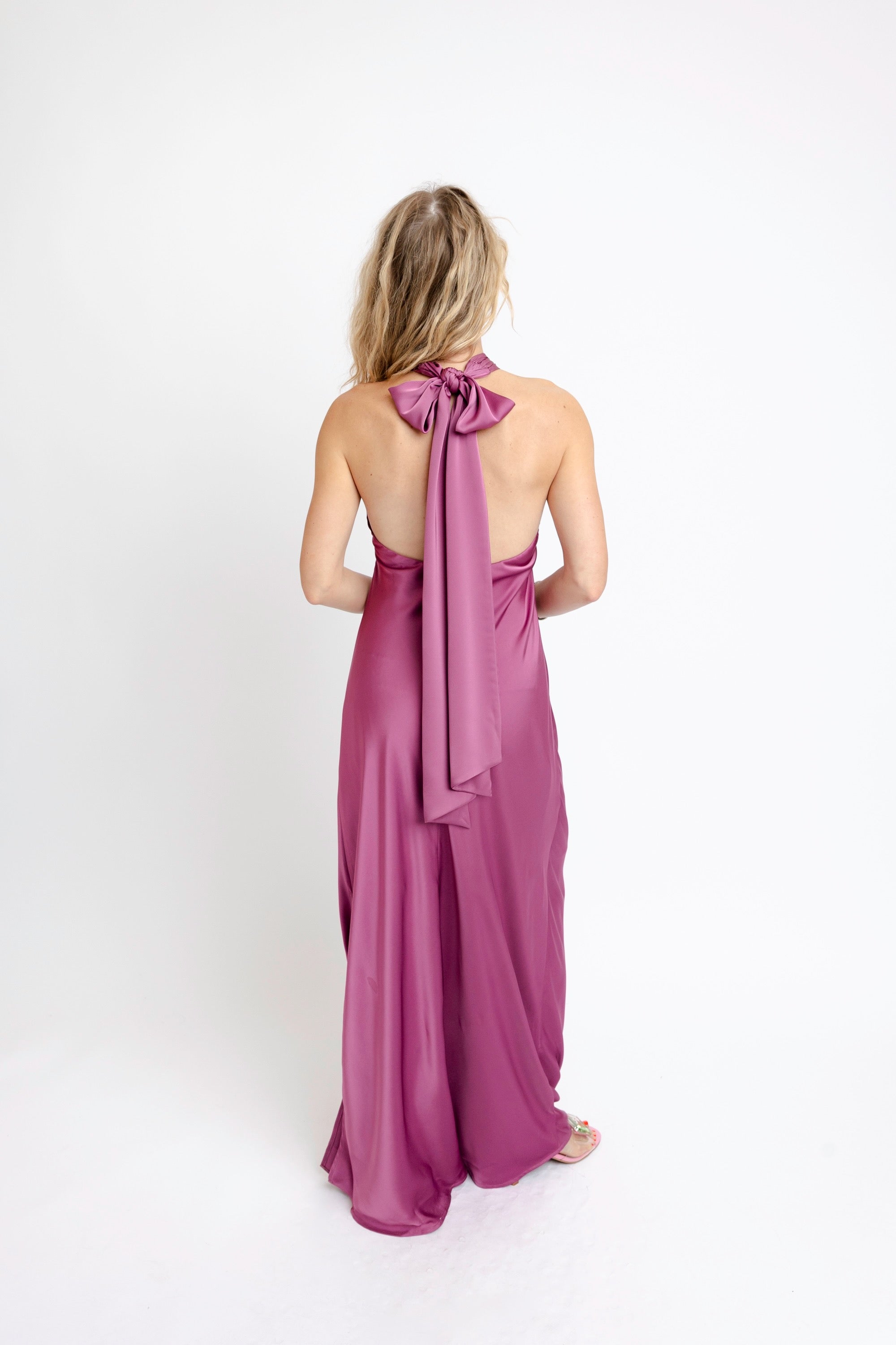Solid Satin Halter Maxi Dress - Purple