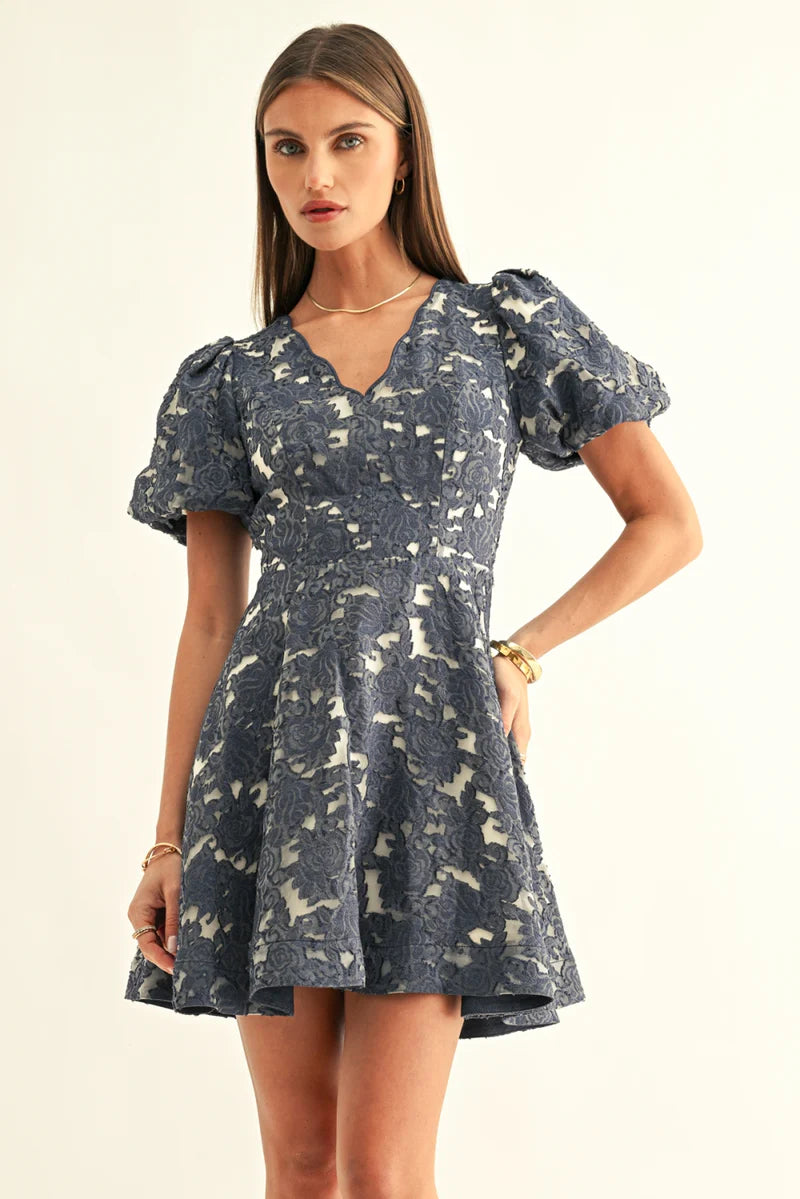 Fern Jacquard Chambray Bubble Sleeves Mini Dress - Denim Blue