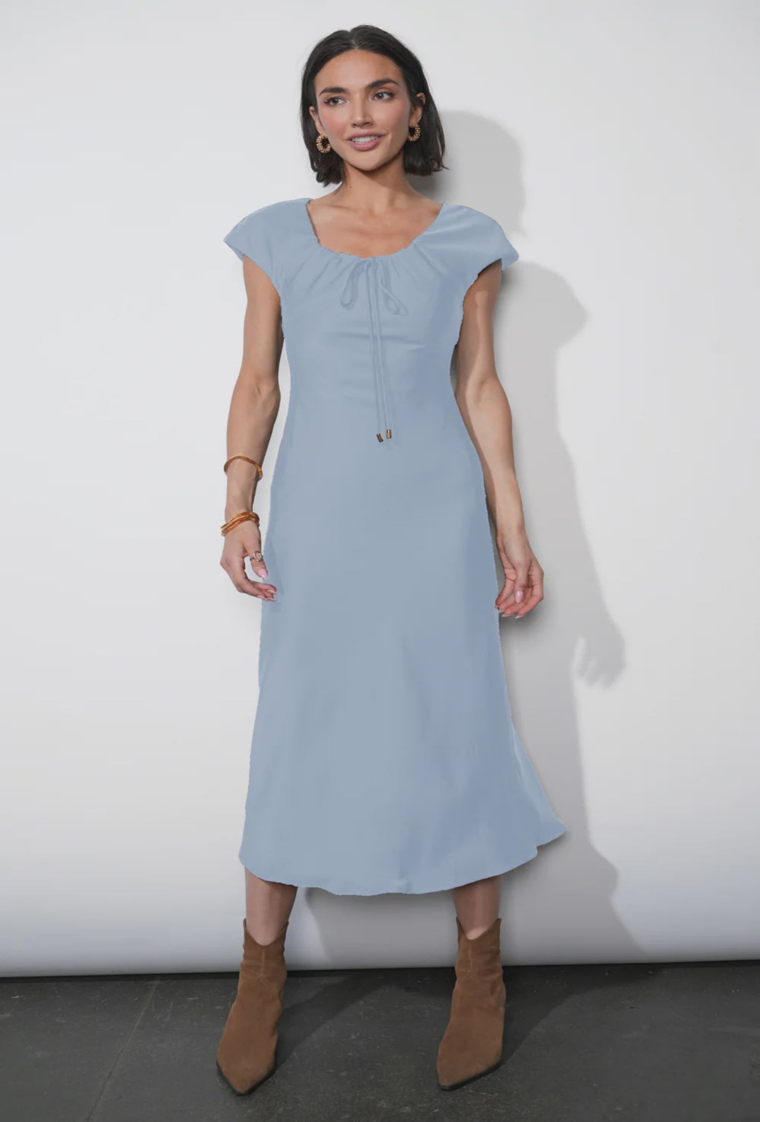 Inez Neck Drawstring Satin Midi Dress - Moonstone Blue