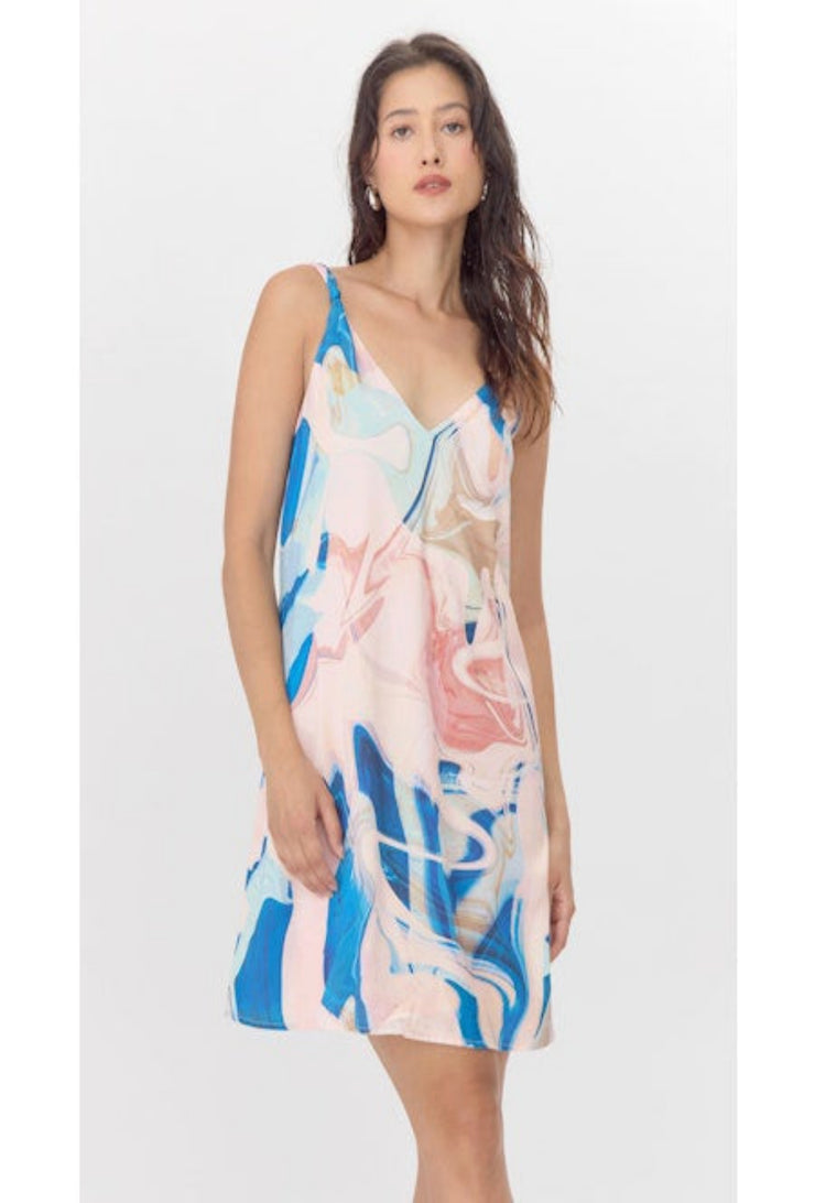 Angelique Watercolor Print Knot Slip Mini Dress - Blush/Blue