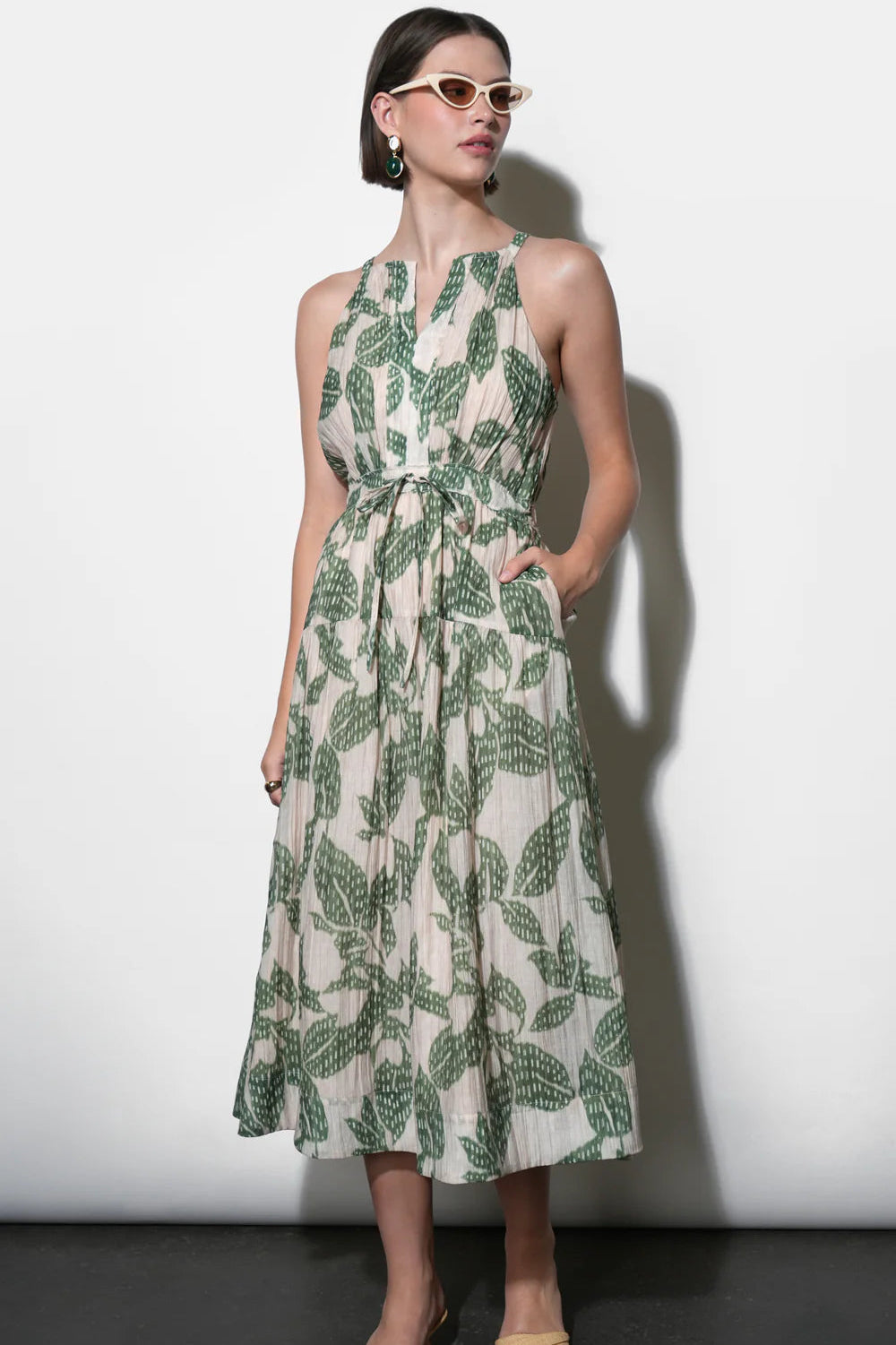 Veneria Halter Leaf Print Midi Dress - Green/Beige