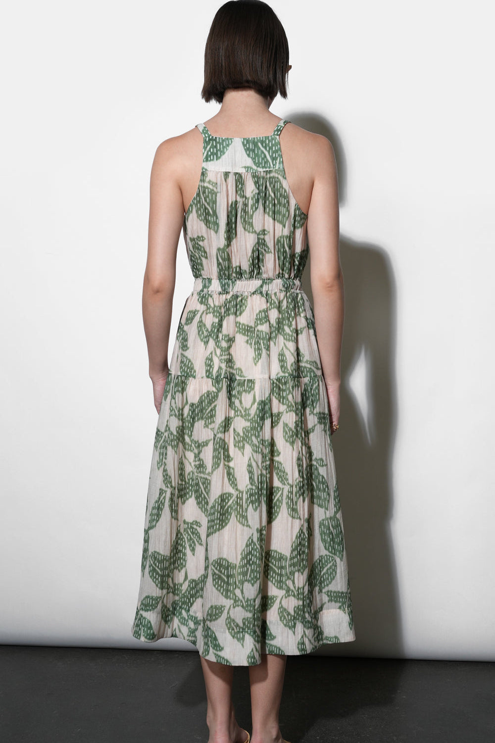 Veneria Halter Leaf Print Midi Dress - Green/Beige