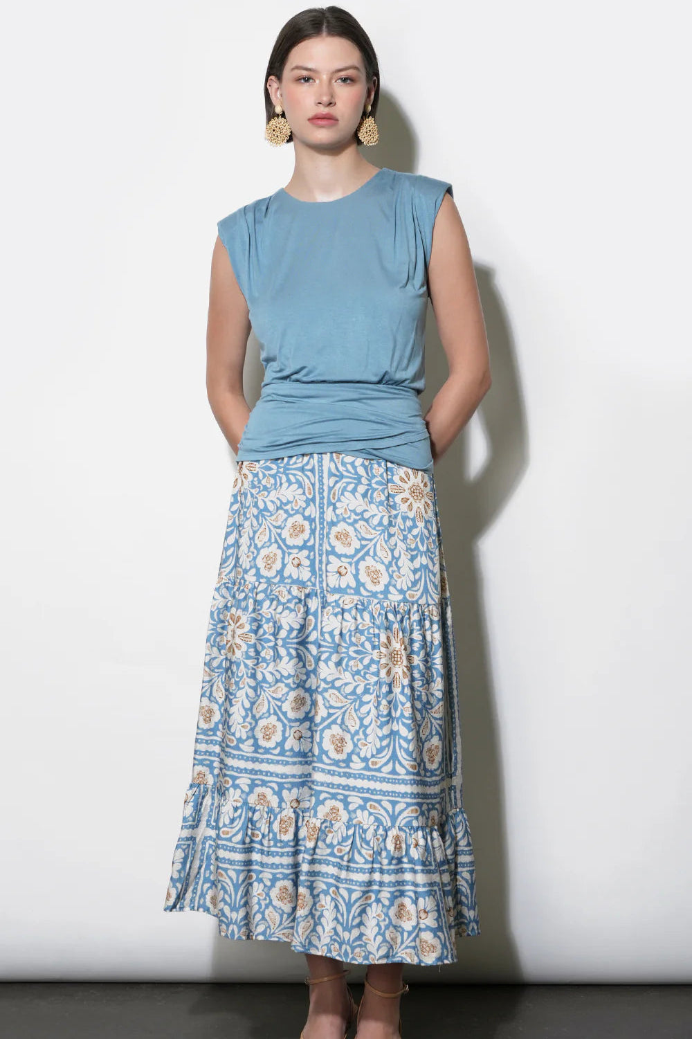 Amelia Tiered Midi Skirt - Dusty Blue Floral