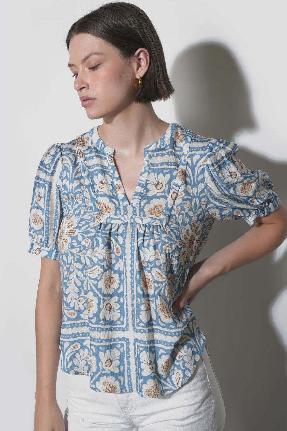 Charlotte Split Neck Elbow Sleeve Top - Dusty Blue Floral