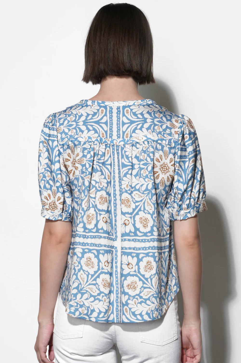 Charlotte Split Neck Elbow Sleeve Top - Dusty Blue Floral