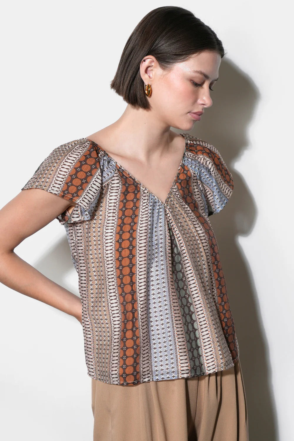 Illiana Short Sleeve Printed Top - Brown Combo