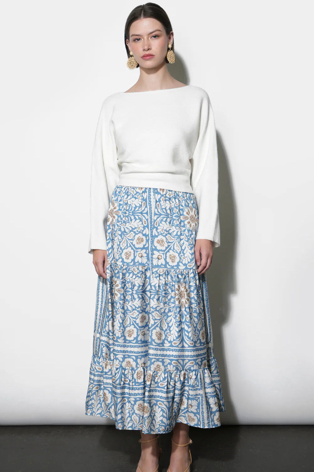 Amelia Tiered Midi Skirt - Dusty Blue Floral