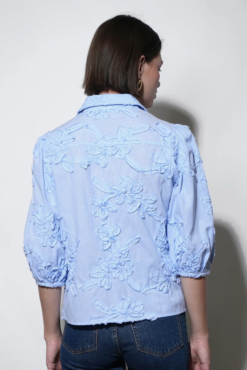 Eleanor Stripe Puff Sleeve Blouse - Light Blue