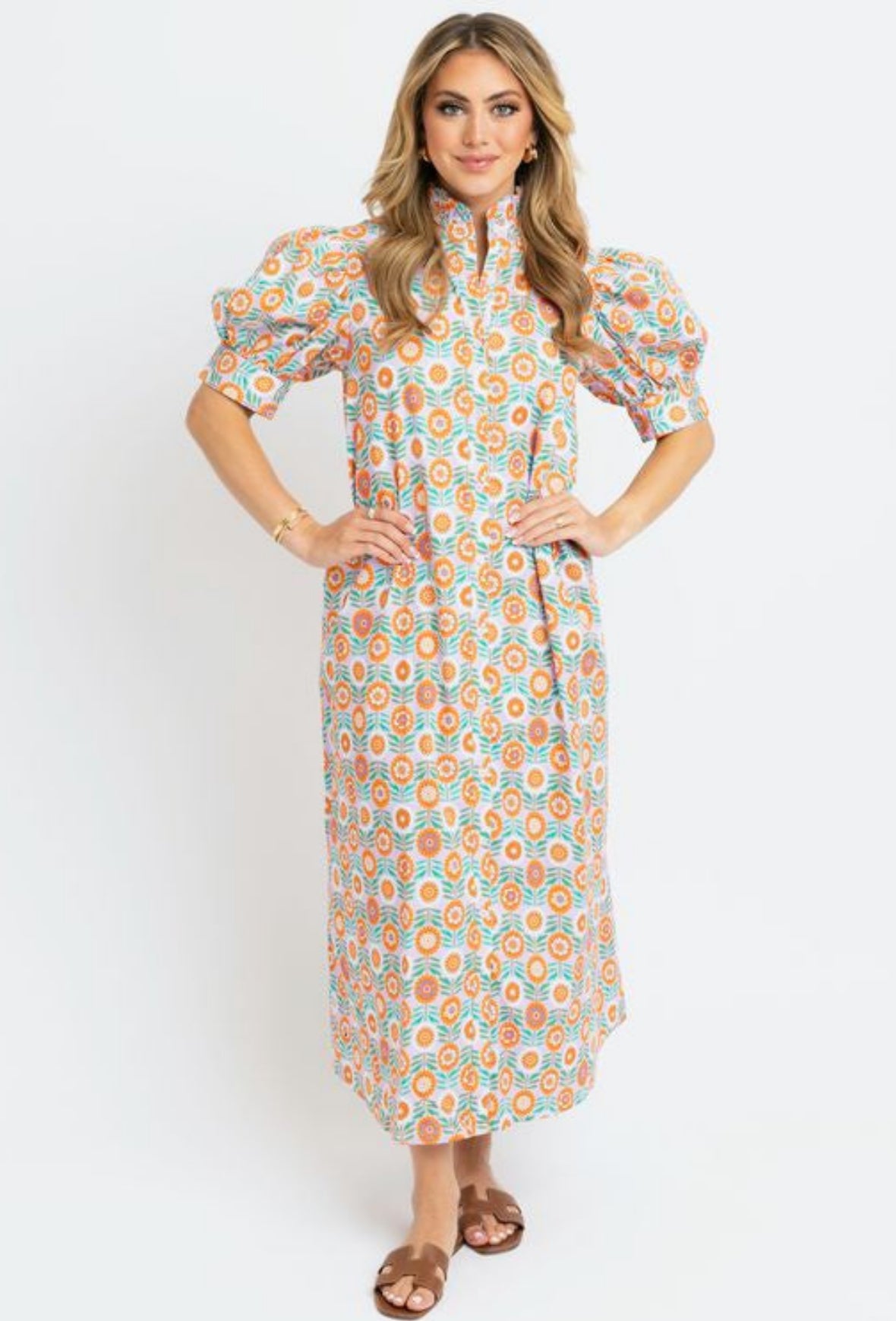 Floral Ruffle Neck Shirt Maxi Dress - Lavender