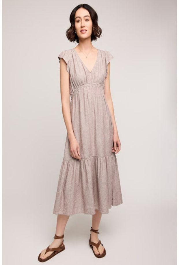 Eris Ruffle Midi Dress - Merlot Stripe
