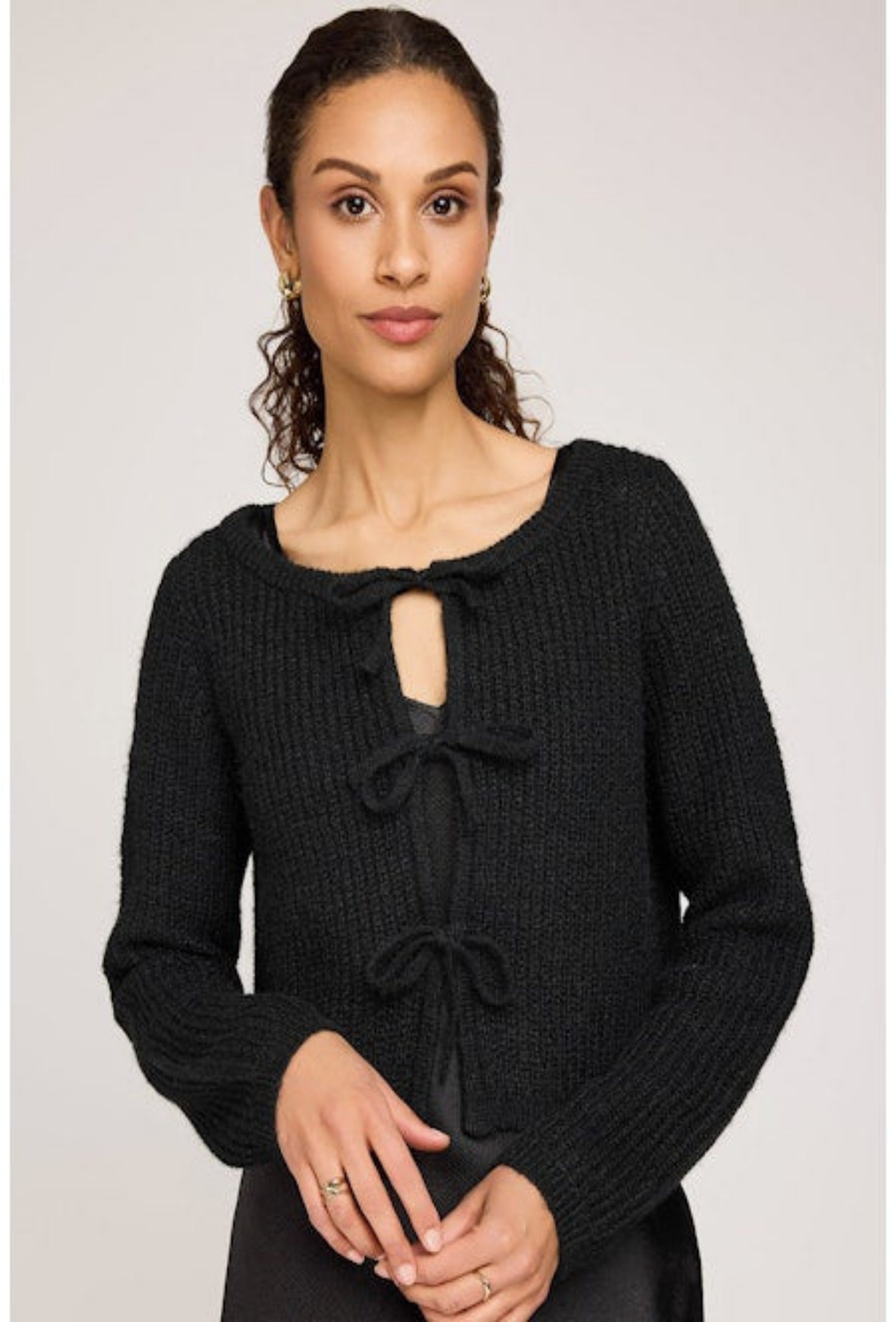 Shayla Long Sleeve Bow Top - Black