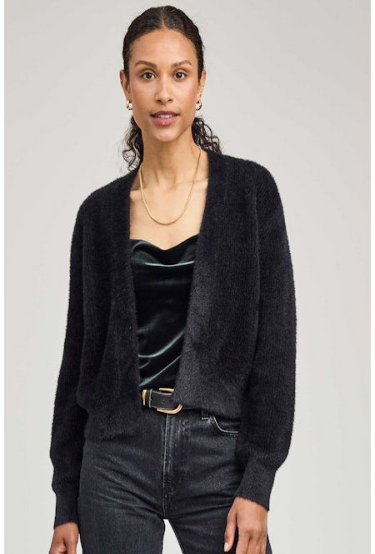 Theodora Long Sleeve Fuzzy Cardigan - Black