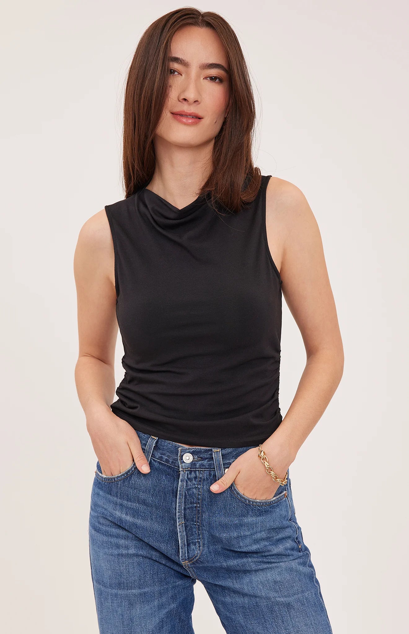 Indra Cowl Neck Ruched Side Tank - Black