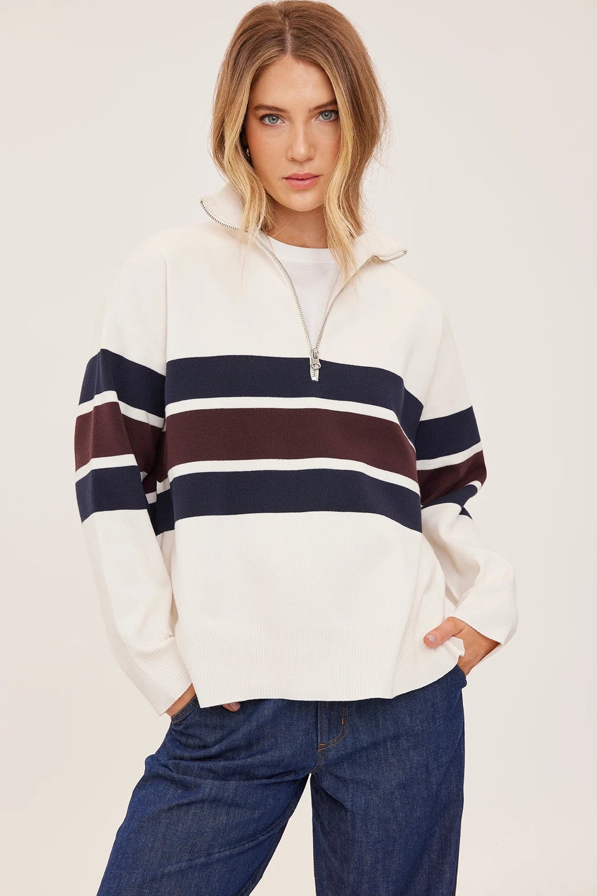 Idris Half Zip Pullover- Cream Stripe