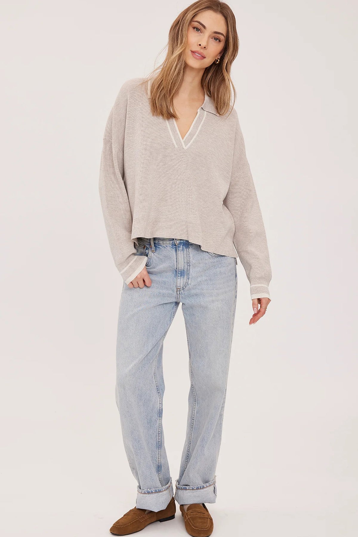 Tristan V-Neck Pullover - Heather Latte