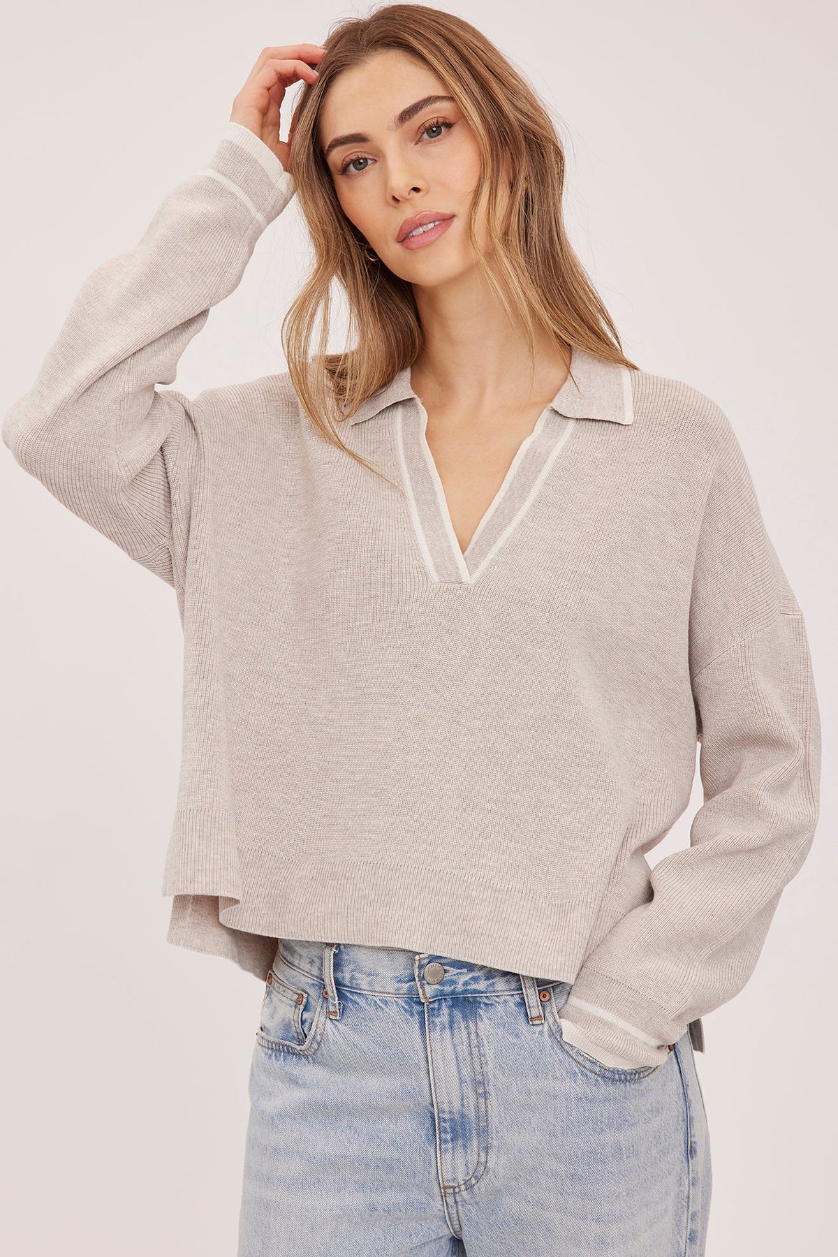 Tristan V-Neck Pullover - Heather Latte