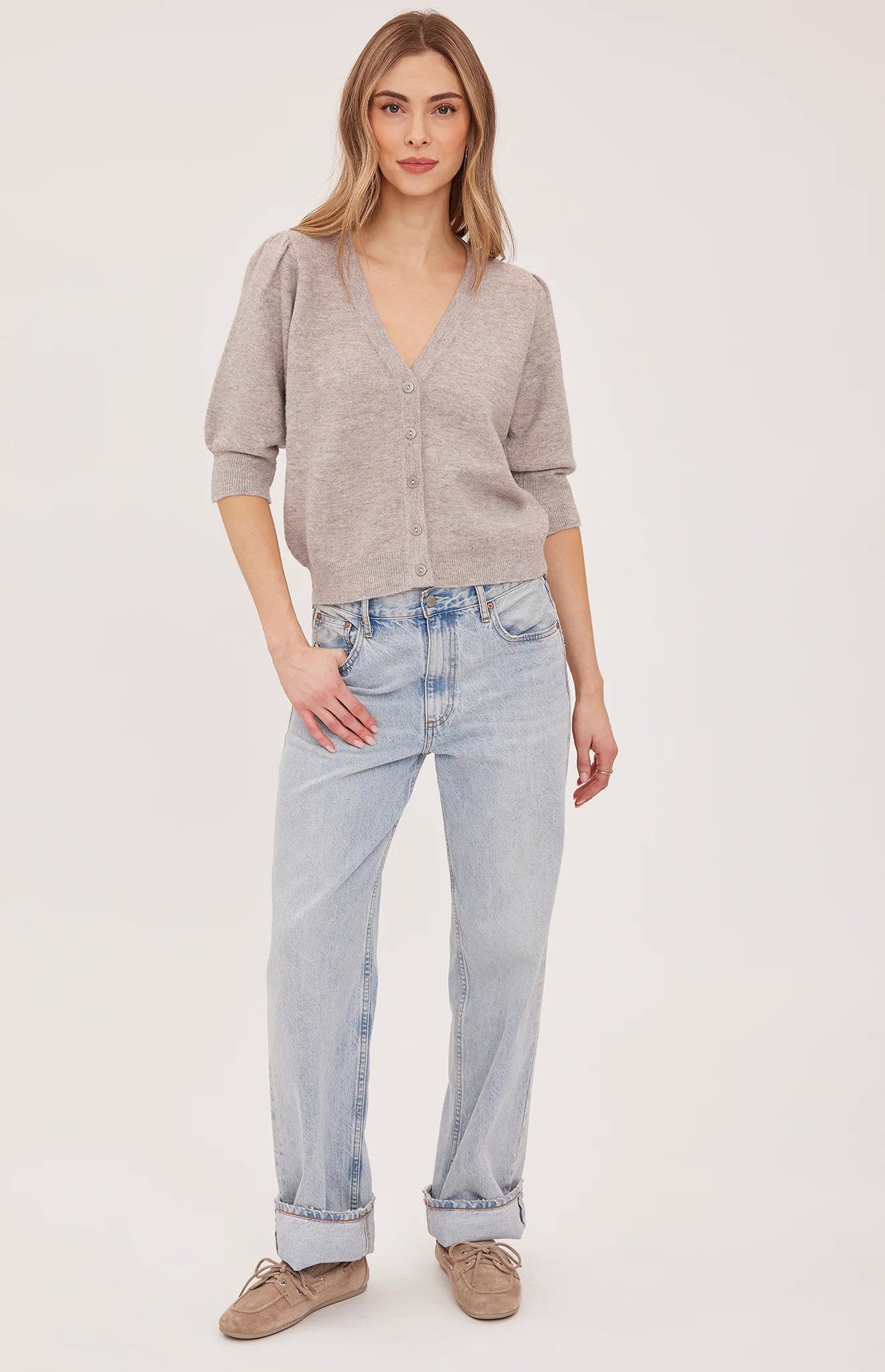 Hildi V-Neck Button  Front Sweater - Heather Latte