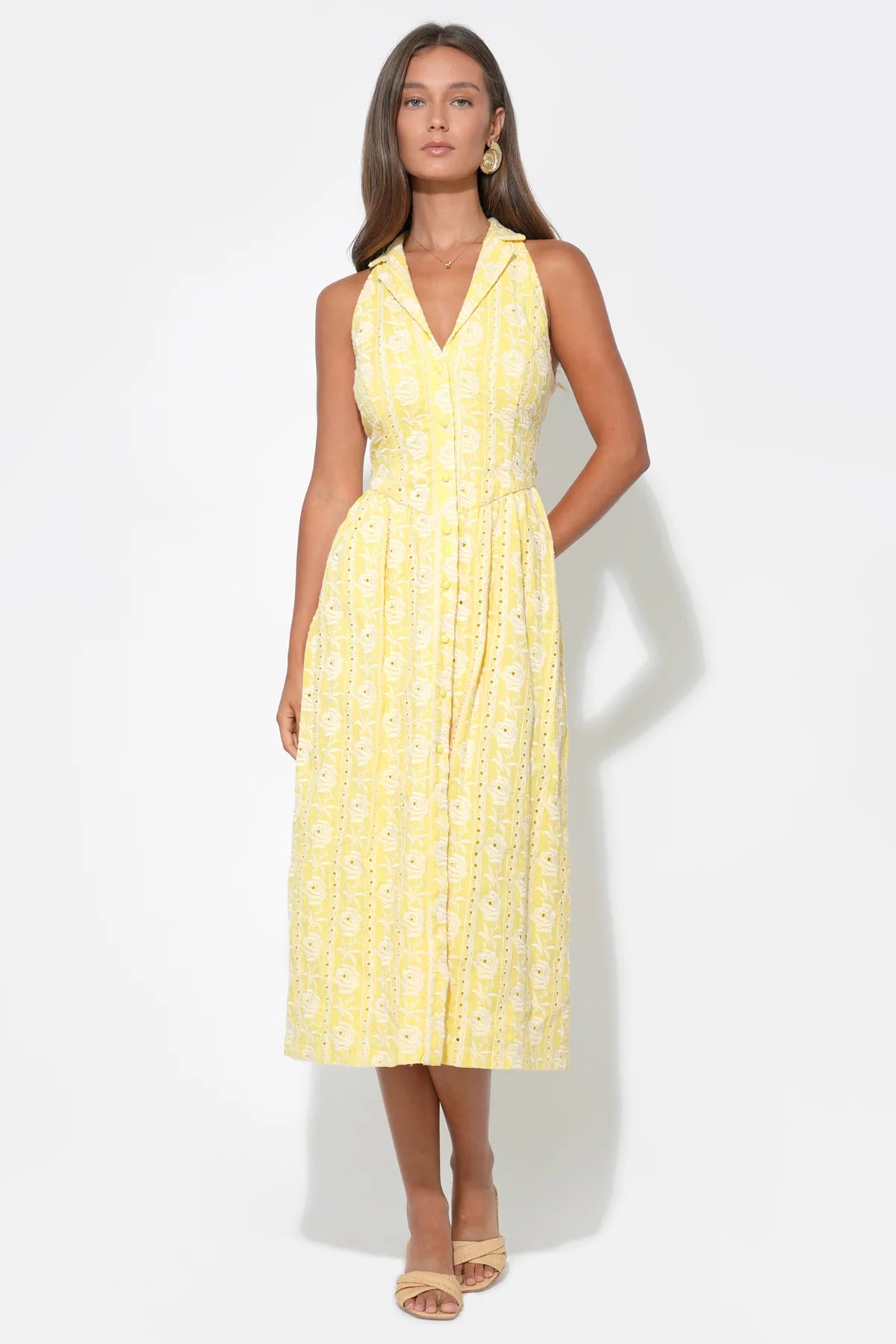 Hazel Embroidered Button Down Midi Dress - Light Yellow