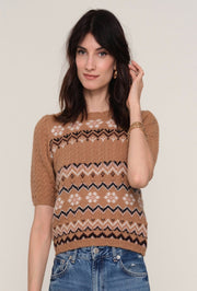 Kiki Short Sleeve Printed Sweater - Camel Multi