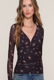 Soraya Long Sleeve Mesh Top - Black Print
