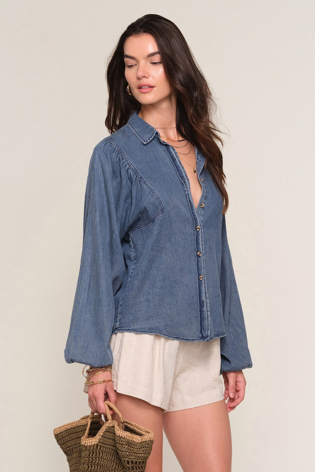 Rico Long Sleeve Denim Chambray Top  - River