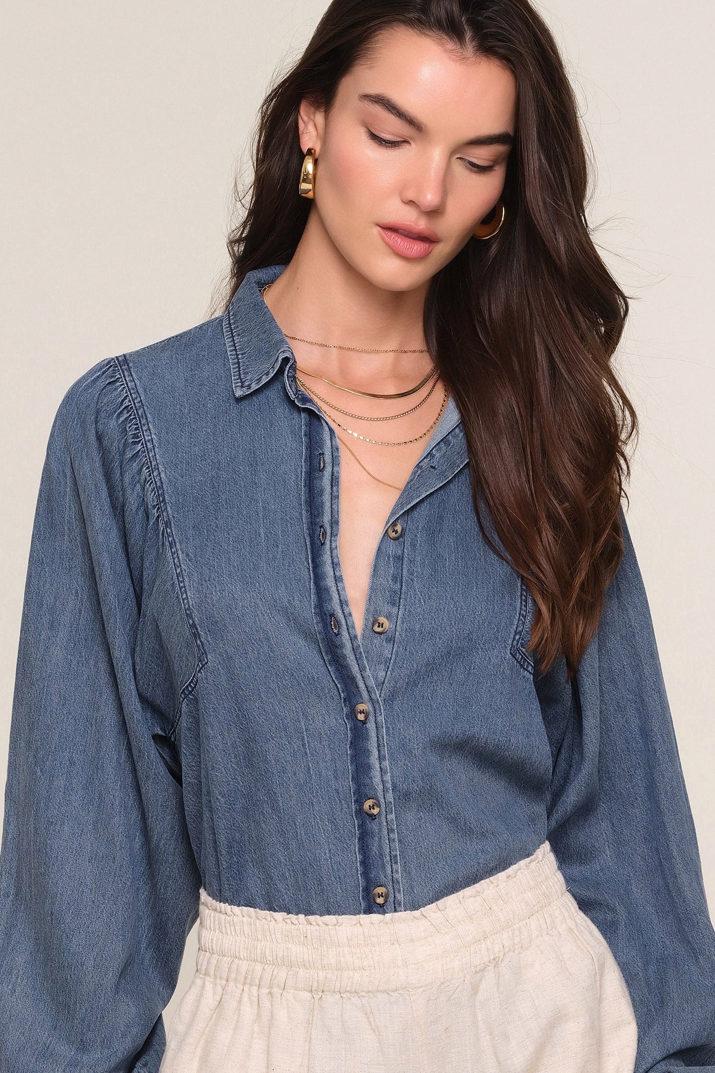 Rico Long Sleeve Denim Chambray Top  - River