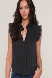 Ananda Satin Stripe Flutter Sleeve Top - Black